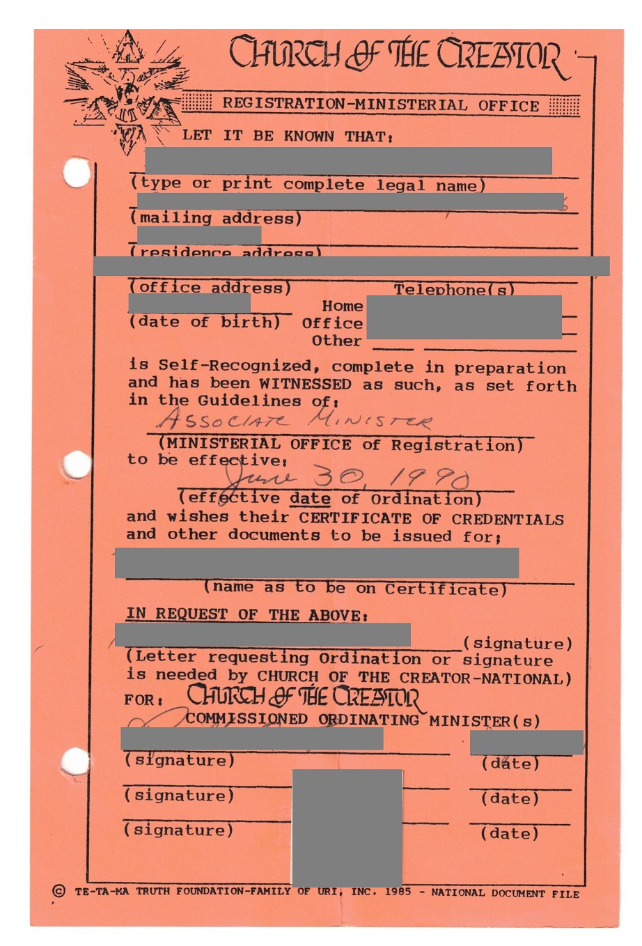 Registration Form for Ministerial Office