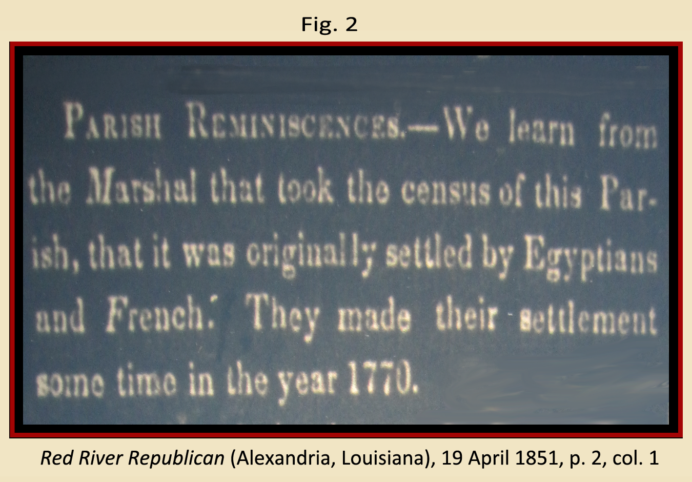 1850 newspaper filler claiming settlement by Egyptians